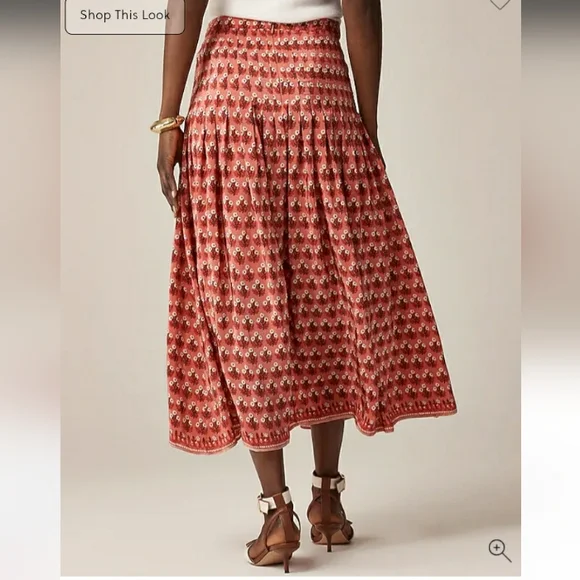J. Crew Pleated Drop Waist Midi Skirt Color Coral Multi